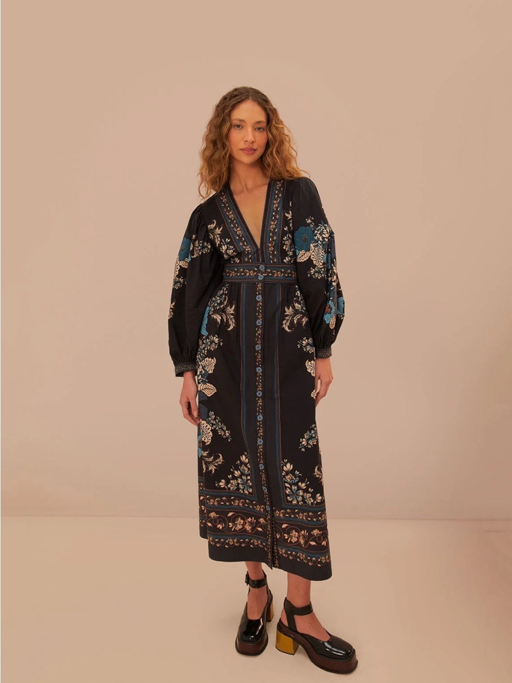 Farm Rio Blossom Tapestry Black Midi Dress - Picture 2 of 10